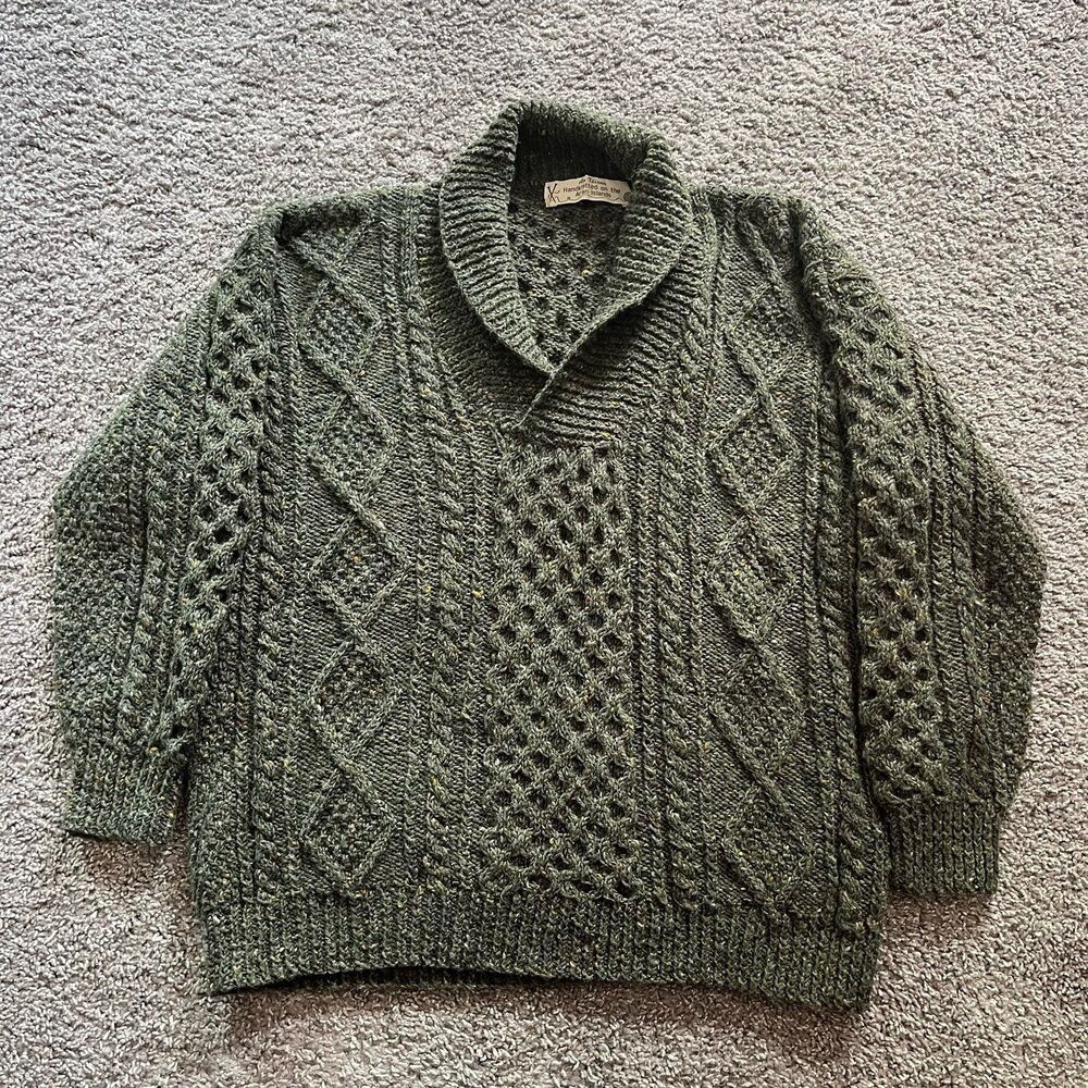 VTG Aran Islands Irish Wool Sweater Green Chunky Fisherman Cable Knit Shawl Sz L